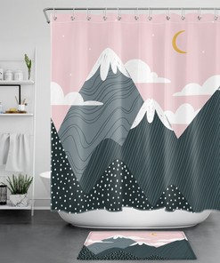 Cute Mountain Pink Sky Cloud Moon Cartoon Print Shower Curtain For Whimsical And Dreamy Bathroom Decor