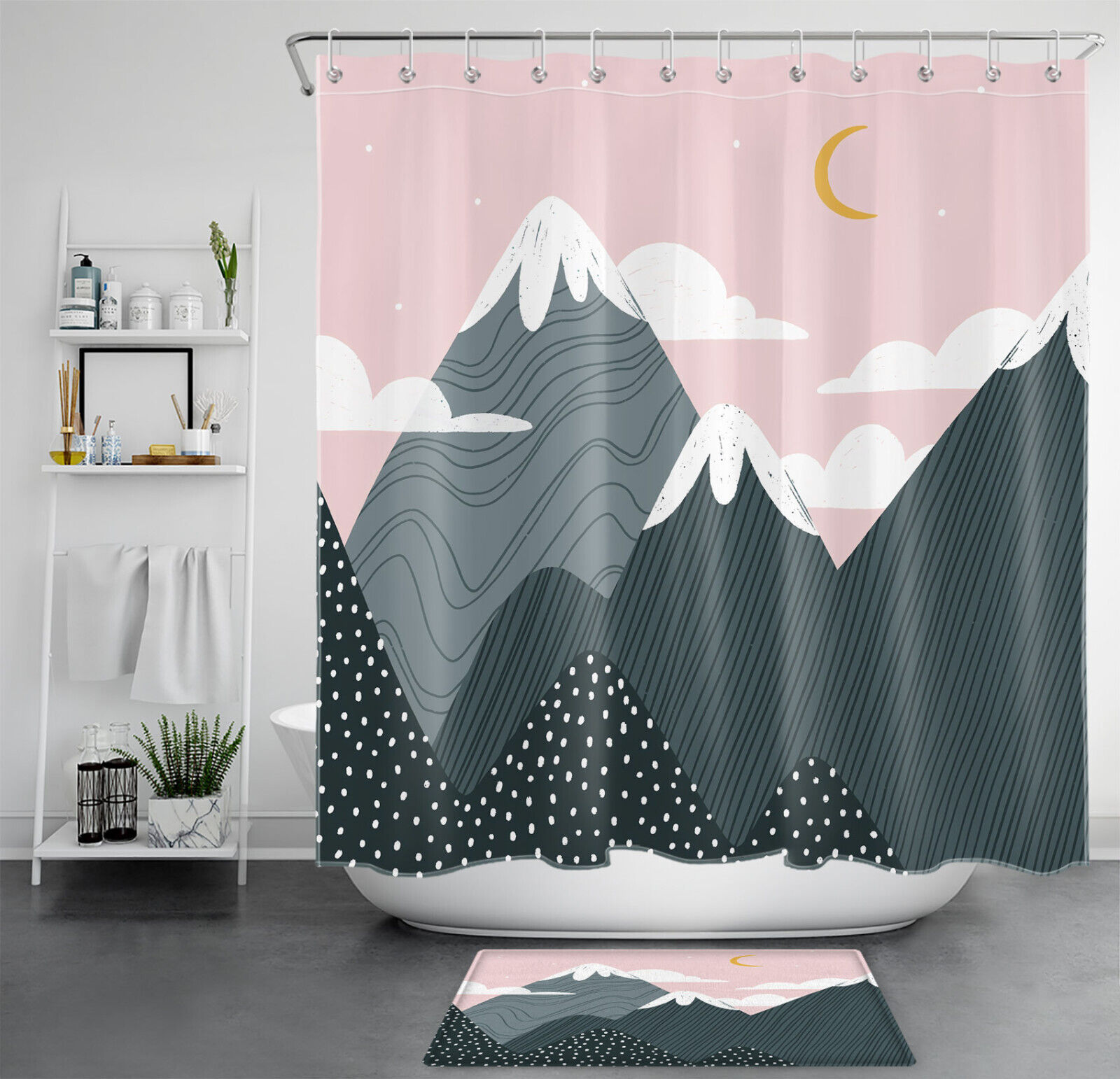 Cute Mountain Pink Sky Cloud Moon Cartoon Print Shower Curtain For Whimsical And Dreamy Bathroom Decor