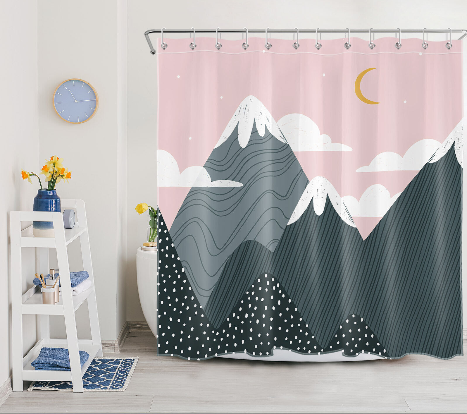 Cute Mountain Pink Sky Cloud Moon Cartoon Print Shower Curtain For Whimsical And Dreamy Bathroom Decor - Image 2