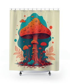 Cute Mushroom Shower Curtain, Botanical Theme for Bathroom Decor 