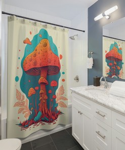 Cute Mushroom Shower Curtain, Botanical Theme for Bathroom Decor