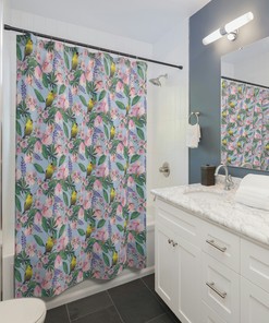 Cute Nature Shower Curtain With Birds And Flowers Print, Preppy Bathroom Decor