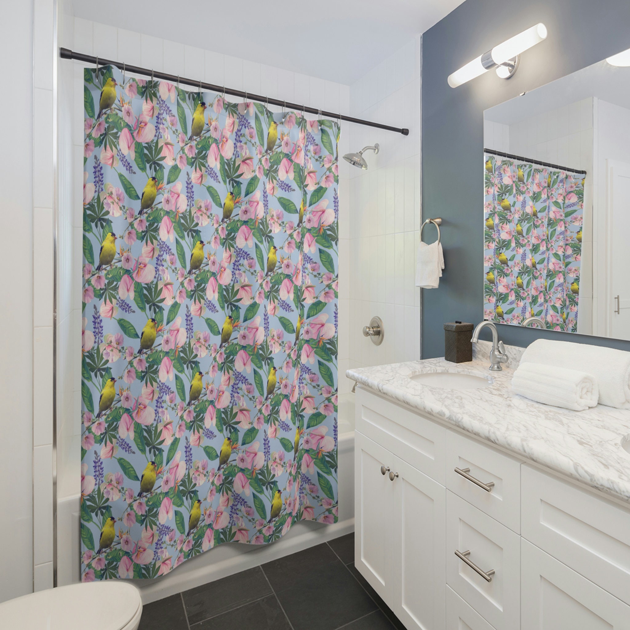 Cute Nature Shower Curtain With Birds And Flowers Print, Preppy Bathroom Decor