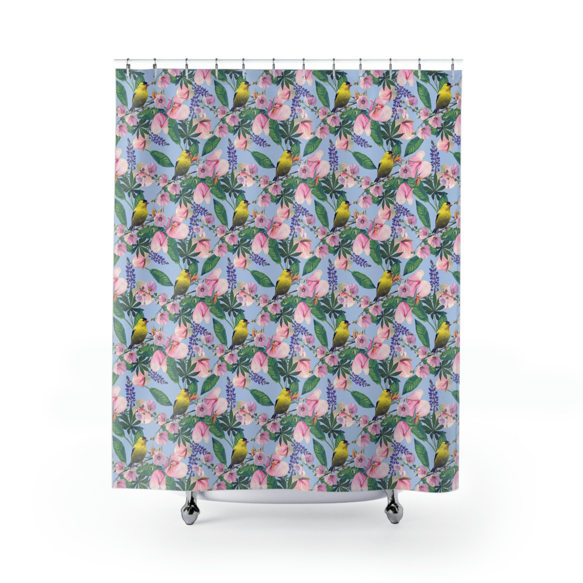 Cute Nature Shower Curtain With Birds And Flowers Print, Preppy Bathroom Decor - Image 2