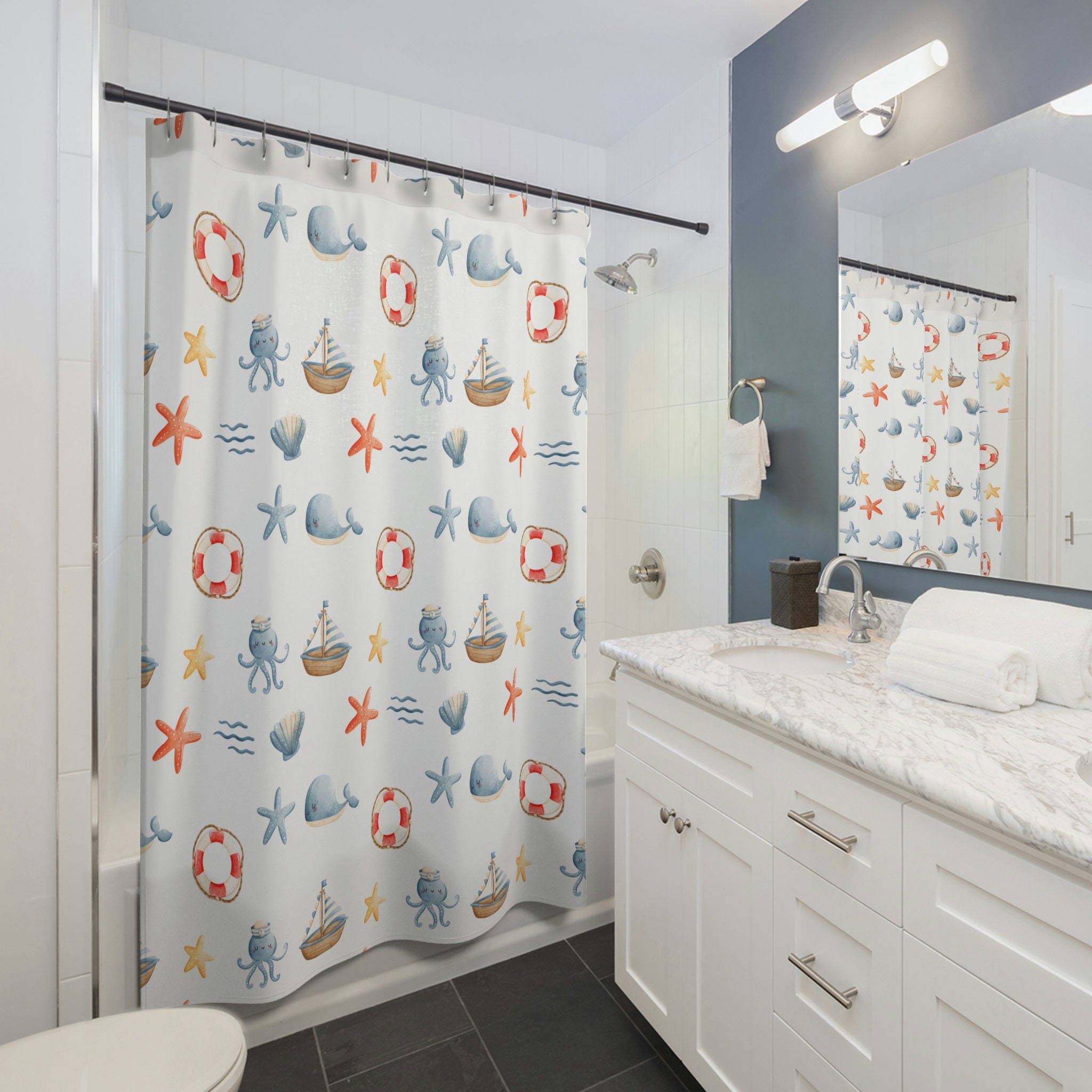 Cute Nautical Themed Shower Curtain with Sailboat Print for Your Kids, Teens or Adults Bathroom Decor
