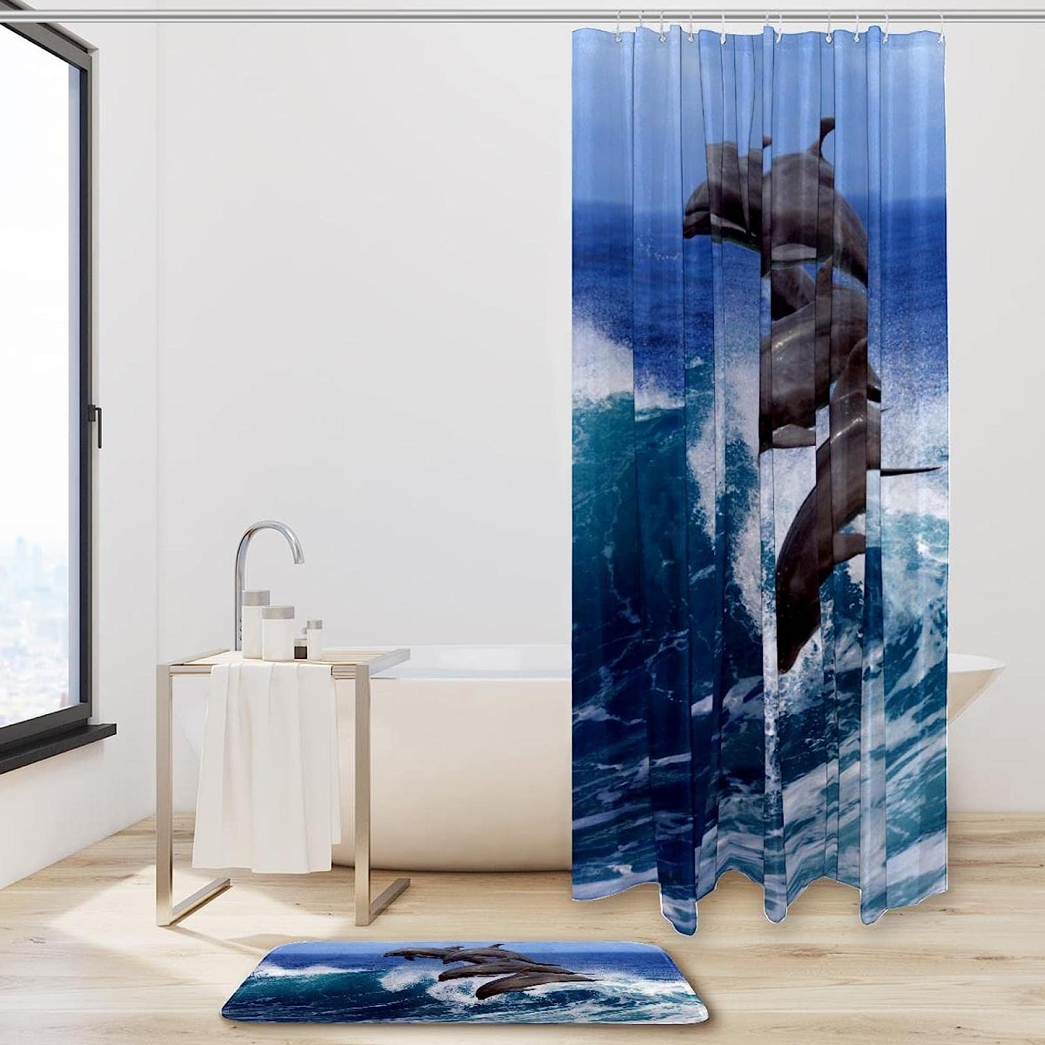 Cute Ocean Dolphins Bathroom Shower Curtain with Waterproof Fabric
