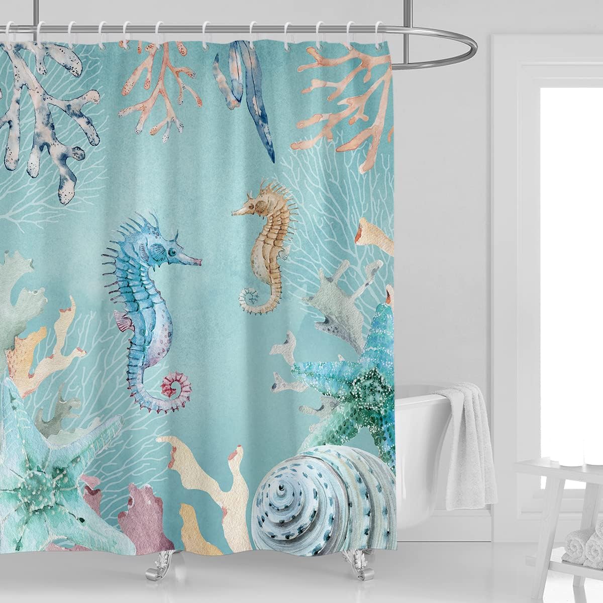 Cute Ocean Seahorse Print Shower Curtain for Beachy Bathroom Decor