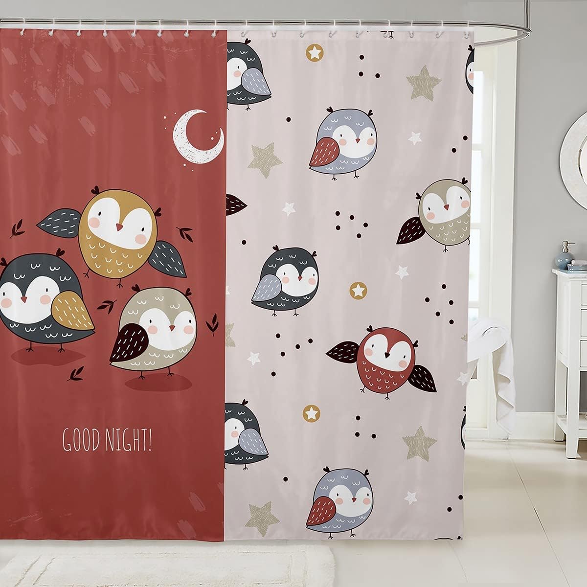Cute Owl And Celestial Bathroom Curtain For Men, Women, And Adults.