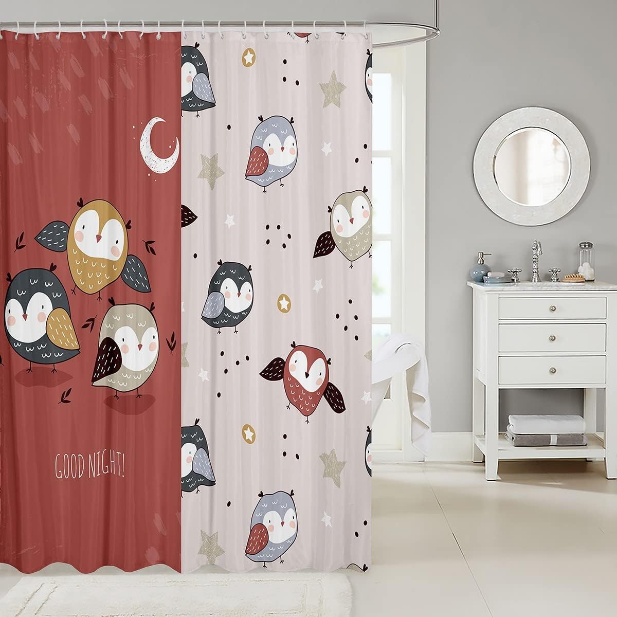 Cute Owl And Celestial Bathroom Curtain For Men, Women, And Adults.