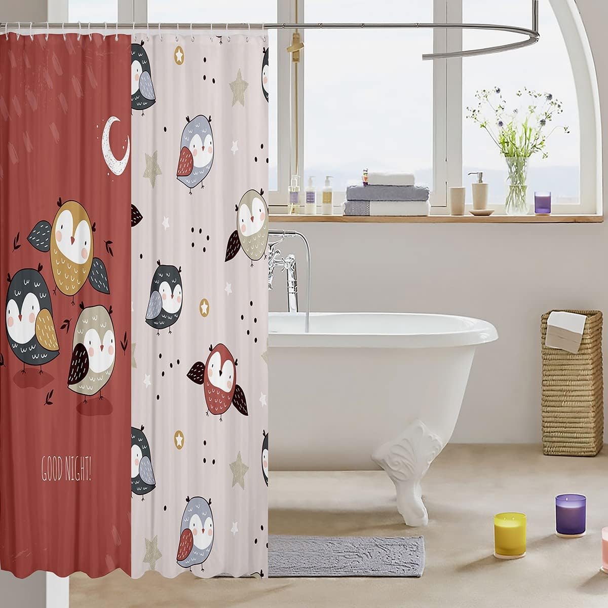 Cute Owl And Celestial Bathroom Curtain For Men, Women, And Adults.