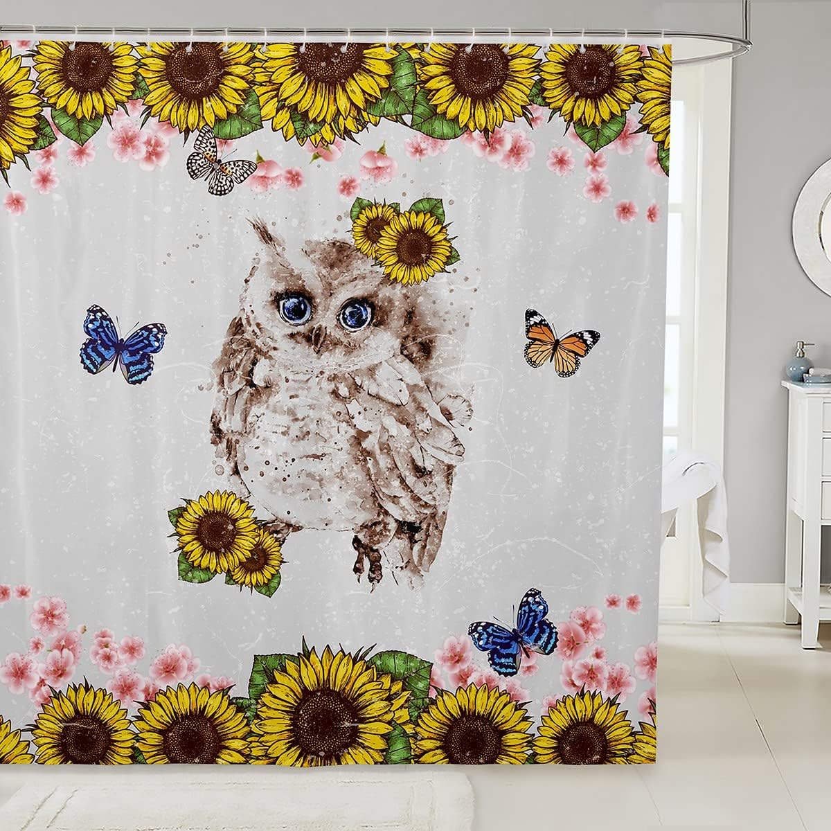 Cute Owl Watercolor Flower Butterfly Shower Curtain for Kids Girls Room Decor