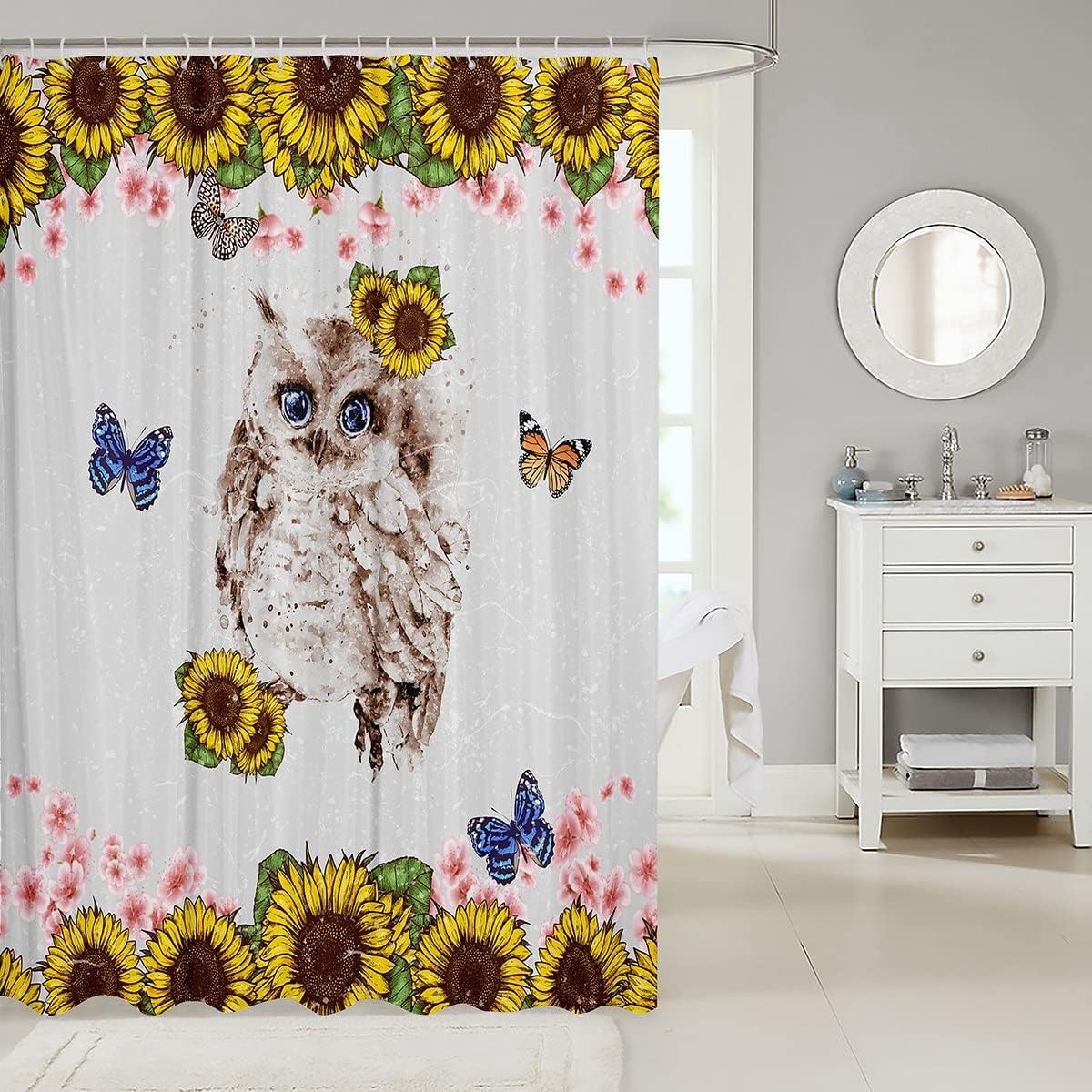 Cute Owl Watercolor Flower Butterfly Shower Curtain for Kids Girls Room Decor