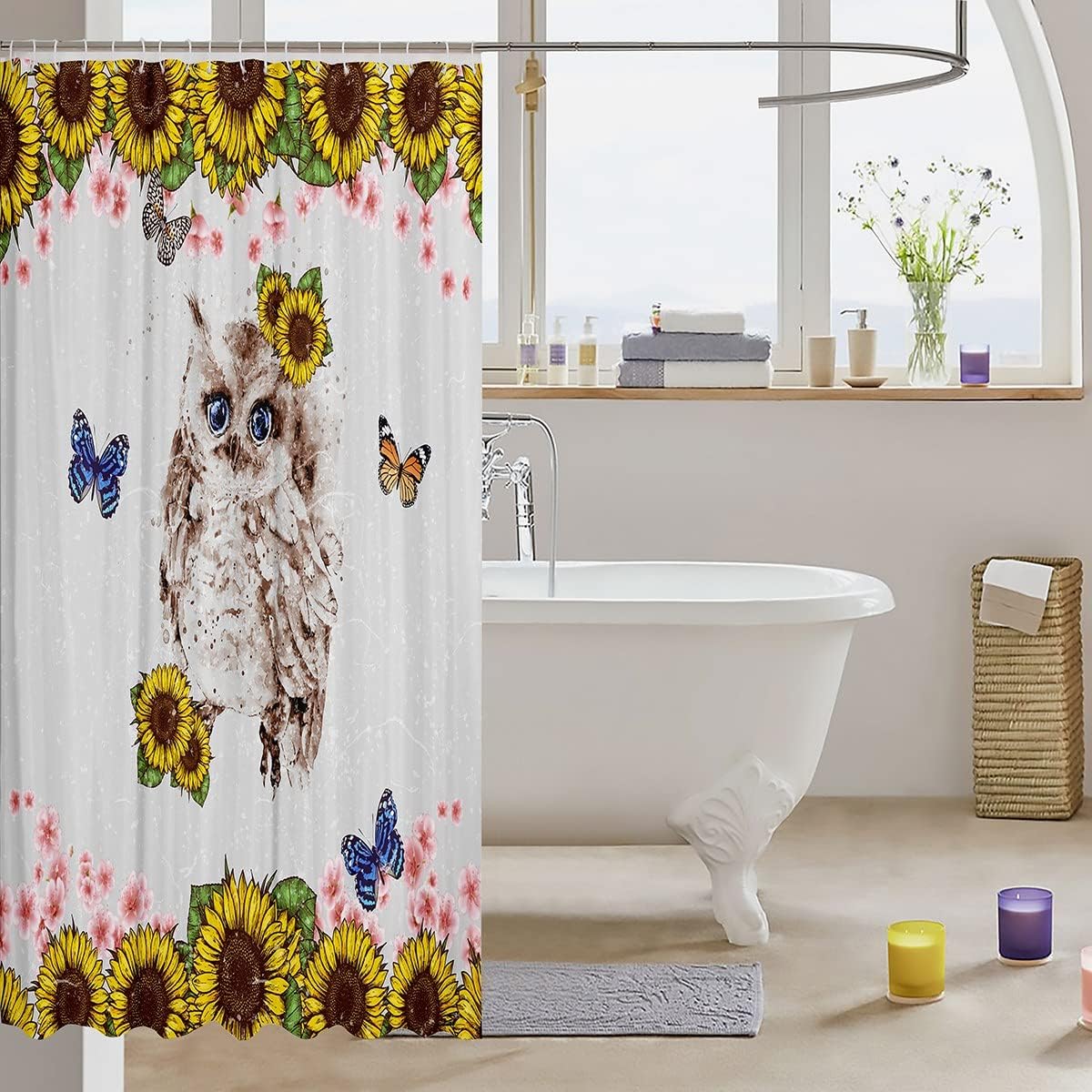 Cute Owl Watercolor Flower Butterfly Shower Curtain for Kids Girls Room Decor