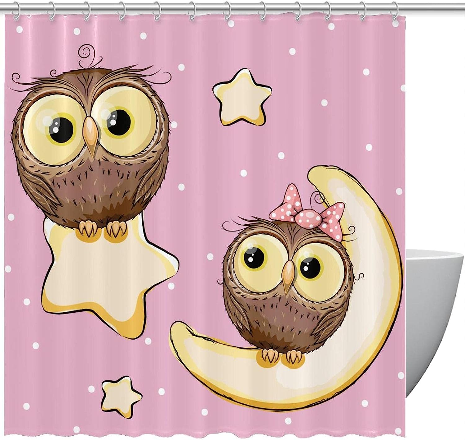 Cute Owl With Stars And Moon Waterproof Bath Curtain