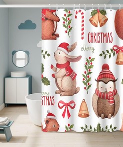 Cute Owl Xmas Animals Bells Green Leaves Shower Curtain for Merry Christmas Bathroom Decor