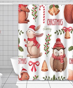 Cute Owl Xmas Animals Bells Green Leaves Shower Curtain for Merry Christmas Bathroom Decor