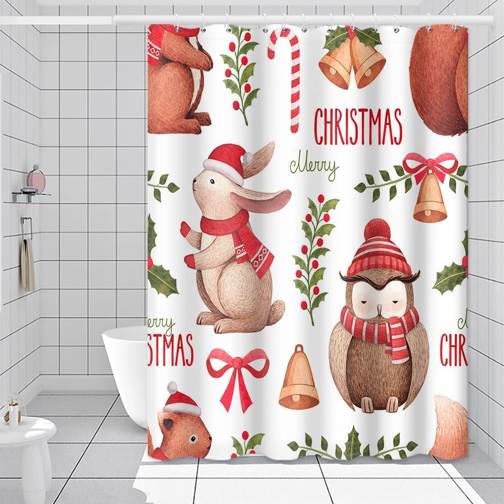Cute Owl Xmas Animals Bells Green Leaves Shower Curtain for Merry Christmas Bathroom Decor