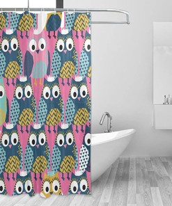 Cute Owls and Christmas Hats Print Shower Curtain for Bathroom Decoration
