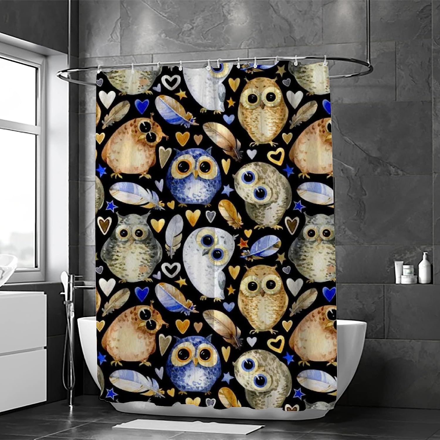 Cute Owls and Hearts Shower Curtain for Children's Bathroom, 60x72 - Unique Bathroom Decor