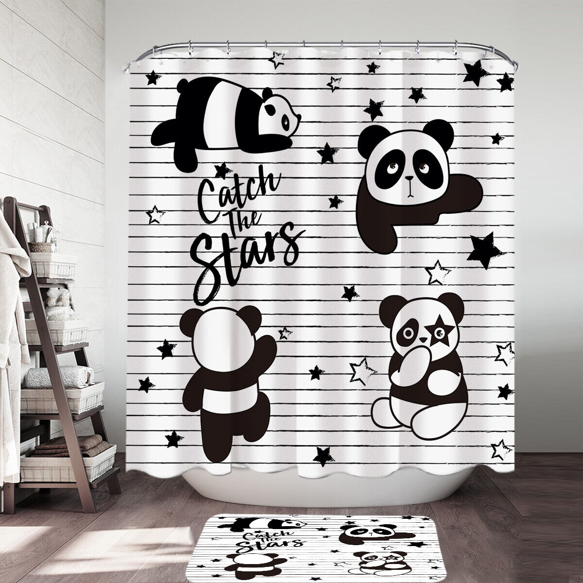 Cute Panda Shower Curtain With Catch The Stars Design For Playful Bathroom Decor