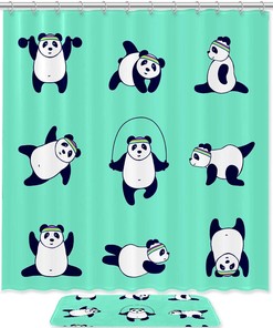 Cute Panda Sports Set in Different Poses, Waterproof Shower Curtain
