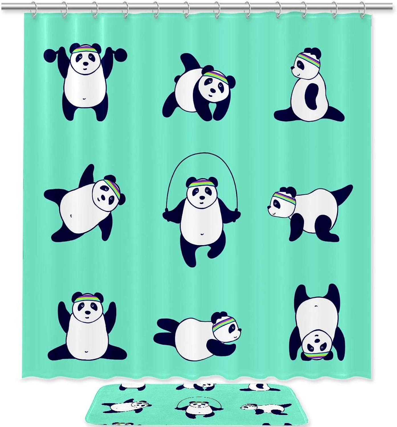 Cute Panda Sports Set in Different Poses, Waterproof Shower Curtain