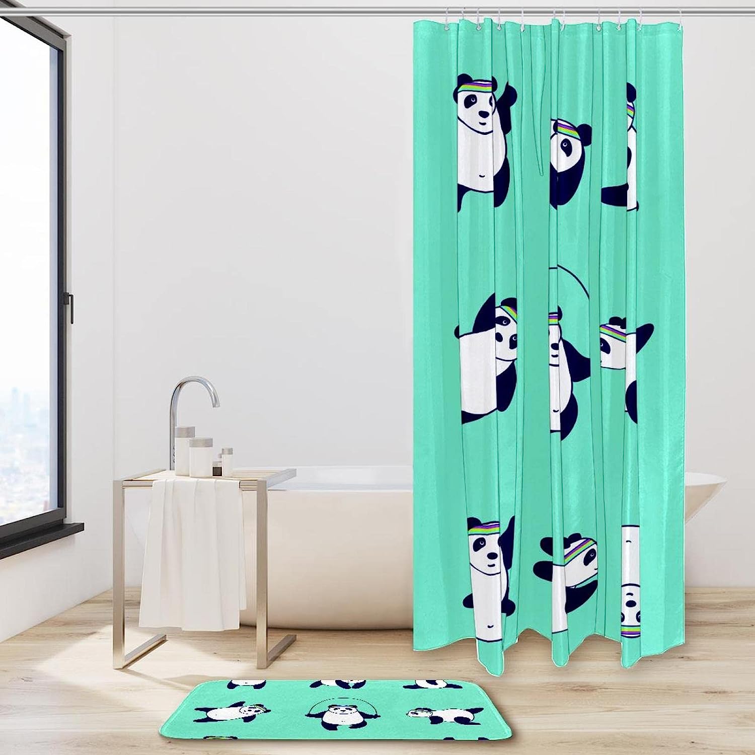 Cute Panda Sports Set in Different Poses, Waterproof Shower Curtain