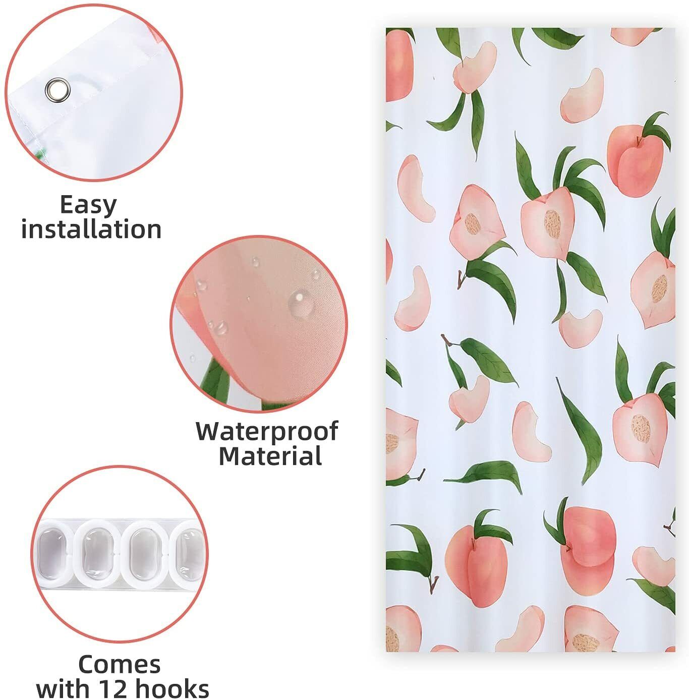 Cute Peach Shower Curtain with Hooks for Bathroom