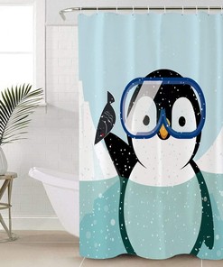 Cute Penguin Animal Print Shower Curtain for Kids Bathroom Decor