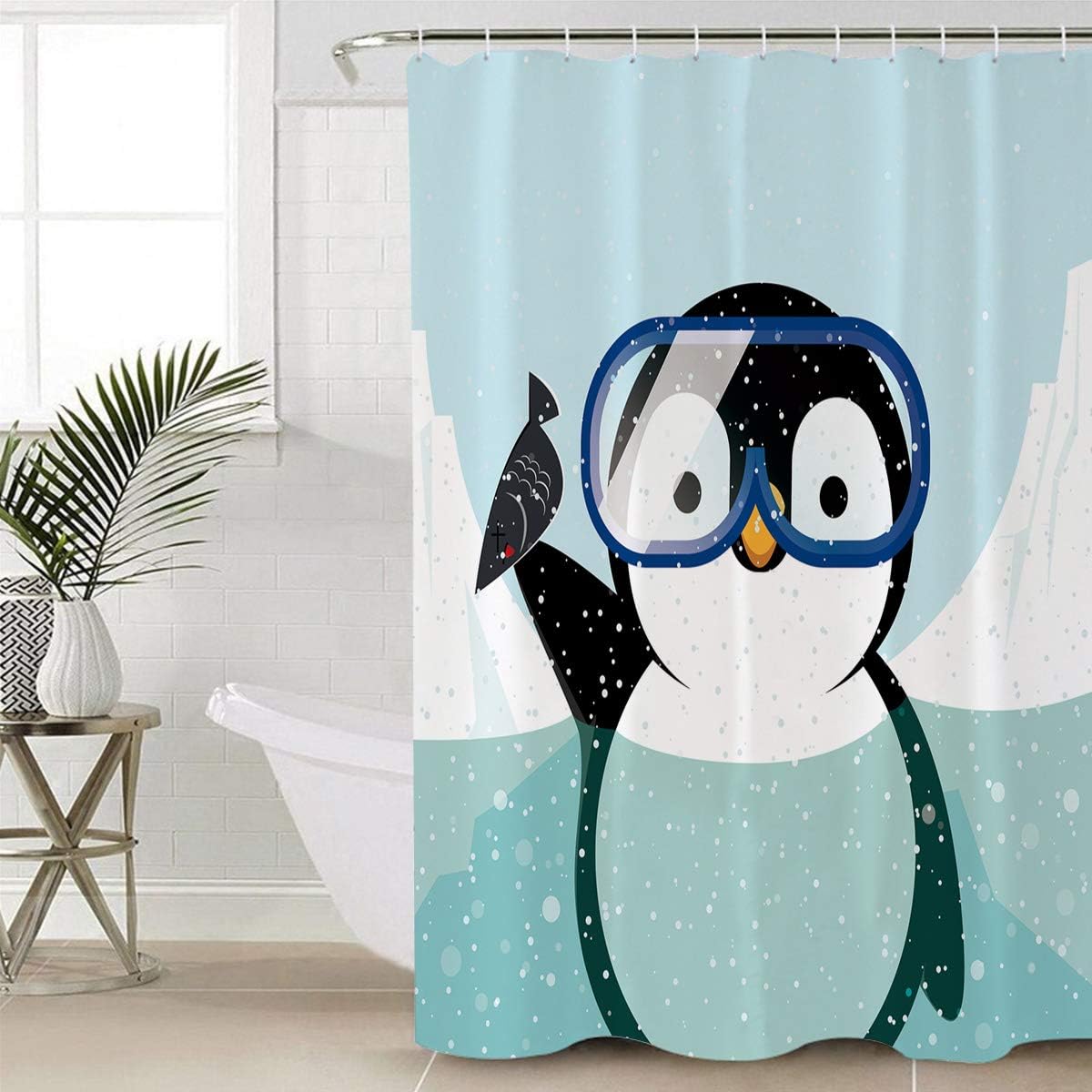 Cute Penguin Animal Print Shower Curtain for Kids Bathroom Decor