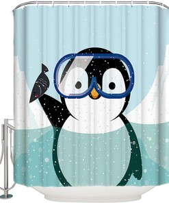 Cute Penguin Animal Print Shower Curtain for Kids Bathroom Decor