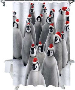 Cute Penguin Baby Bath Curtain With Red Christmas Hat Print Shower Curtain For Festive Bathroom Decor