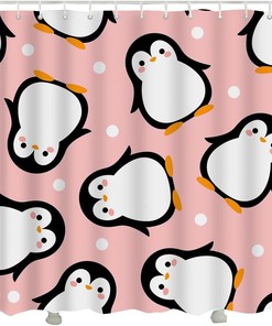 Cute Penguin Cartoon Shower Curtain for Bathroom with Pink Fabric 