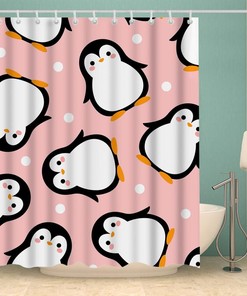 Cute Penguin Cartoon Shower Curtain for Bathroom with Pink Fabric