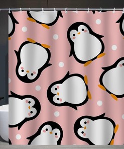 Cute Penguin Cartoon Shower Curtain for Bathroom with Pink Fabric 