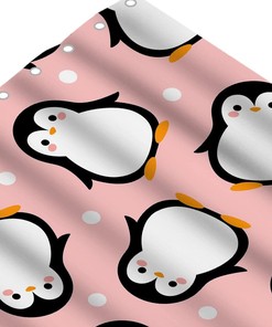 Cute Penguin Cartoon Shower Curtain for Bathroom with Pink Fabric 