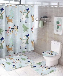 Cute Penguin Deer Snowman Shower Curtain for Bathroom - Adorable Shower Curtains Decor for Winter Holidays
