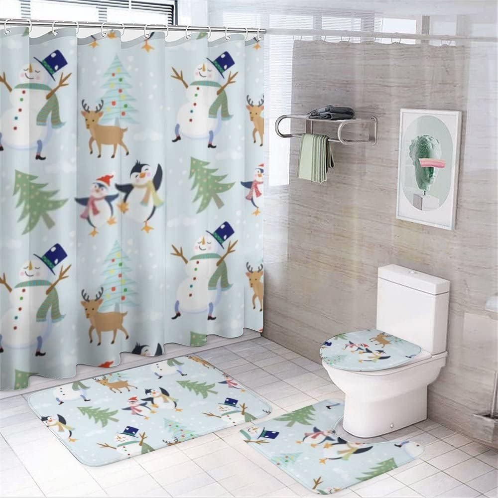 Cute Penguin Deer Snowman Shower Curtain for Bathroom - Adorable Shower Curtains Decor for Winter Holidays