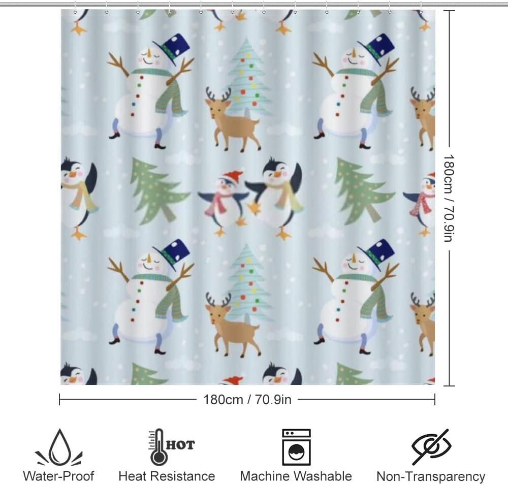 Cute Penguin Deer Snowman Shower Curtain for Bathroom - Adorable Shower Curtains Decor for Winter Holidays