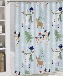 Cute Penguin Deer Snowman Shower Curtain for Bathroom - Adorable Shower Curtains Decor for Winter Holidays