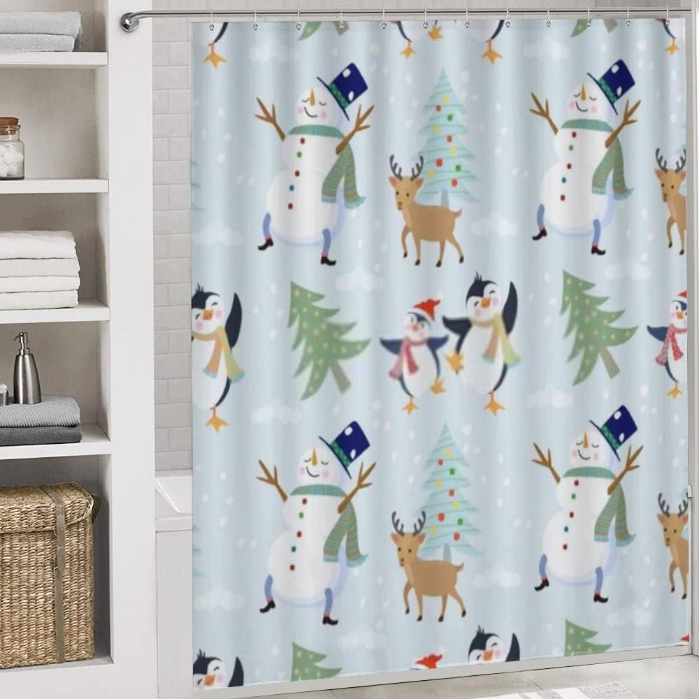 Cute Penguin Deer Snowman Shower Curtain for Bathroom - Adorable Shower Curtains Decor for Winter Holidays