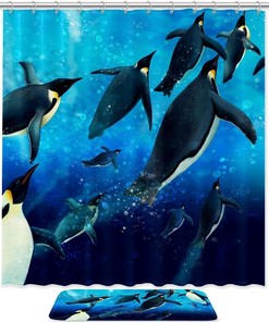 Cute Penguin Family Print Shower Curtain, Waterproof Bath Curtain