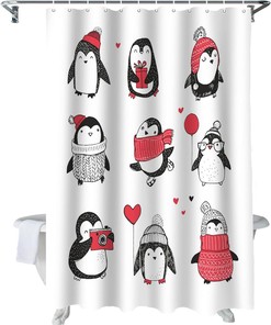 Cute Penguin Holiday Bath Curtain With Red Hat Print Shower Curtain For Festive Bathroom Decor