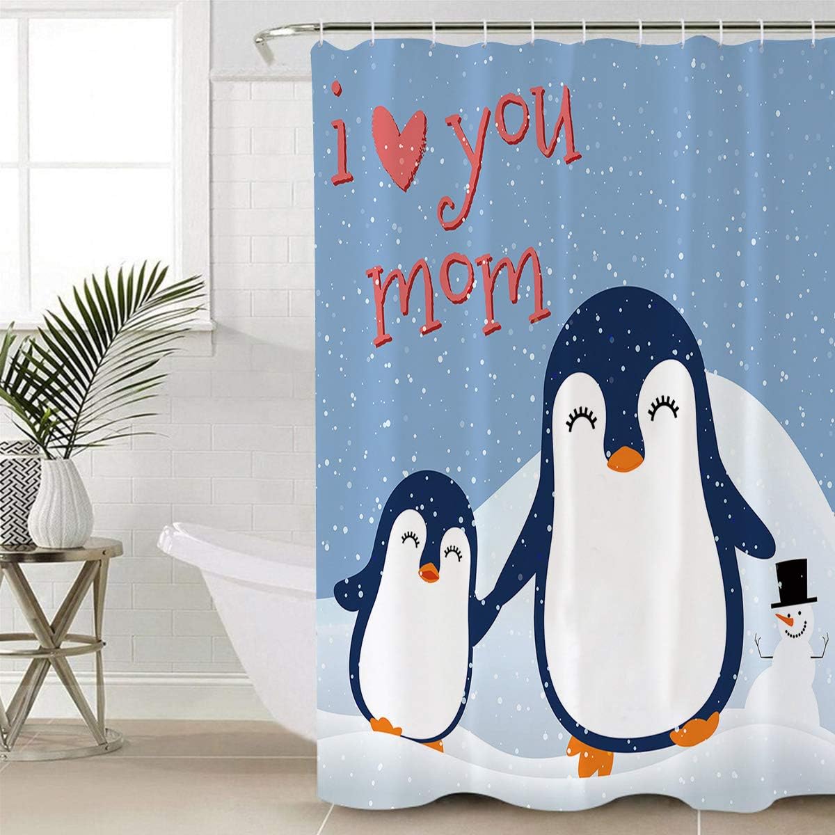 Cute Penguin I Love Mom Mother's Day Shower Curtain - Heartwarming Bathroom Decor