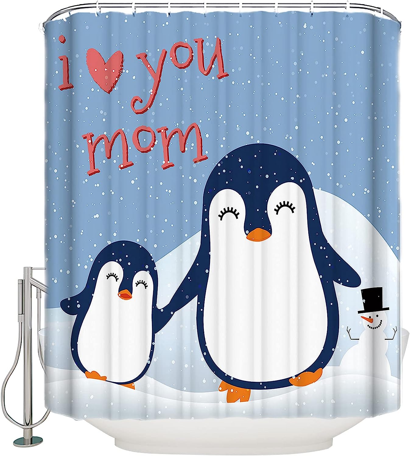 Cute Penguin I Love Mom Mother's Day Shower Curtain - Heartwarming Bathroom Decor