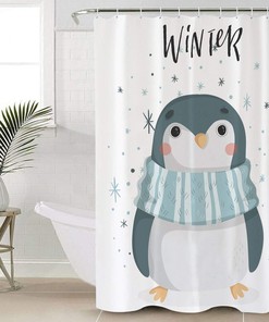 Cute Penguin Print Shower CurtainWaterproof Bathroom Liner for Women & Kids