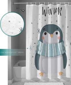 Cute Penguin Print Shower CurtainWaterproof Bathroom Liner for Women & Kids