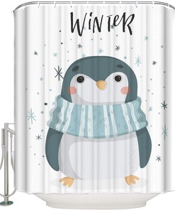 Cute Penguin Print Shower CurtainWaterproof Bathroom Liner for Women & Kids