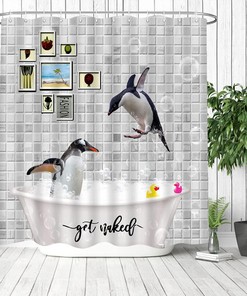 Cute Penguin Shower Curtain with Antarctic Polar Animal and Bath Bubbles for Funny Bathroom Decor 