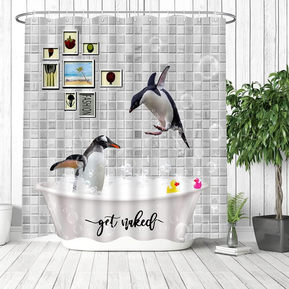 Cute Penguin Shower Curtain with Antarctic Polar Animal and Bath Bubbles for Funny Bathroom Decor